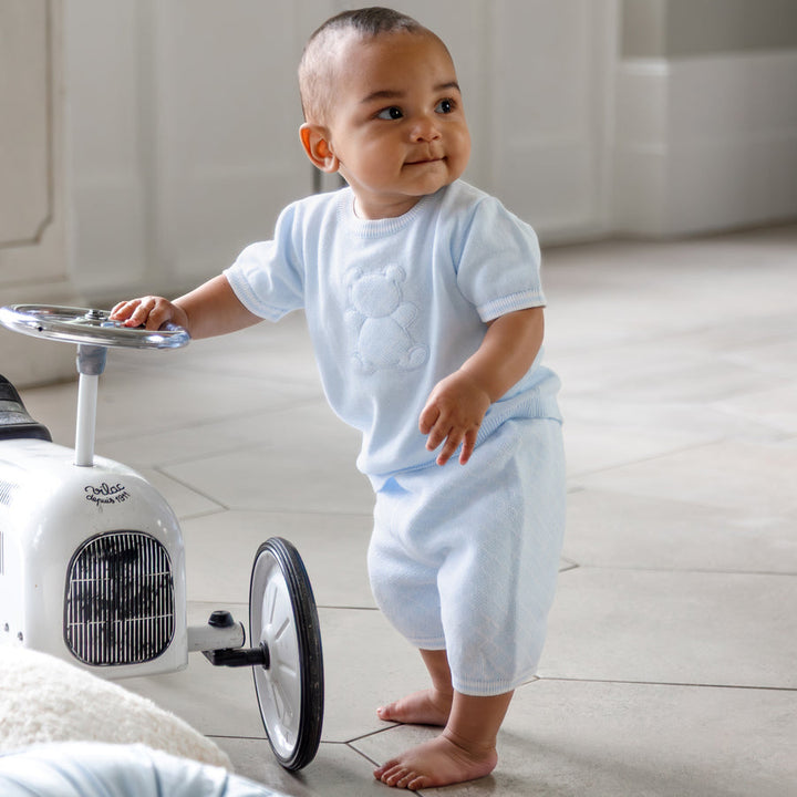 Emile et Rose Boys Baby Blue Knitted Two Piece With Teddy Bear Motif - Lennox