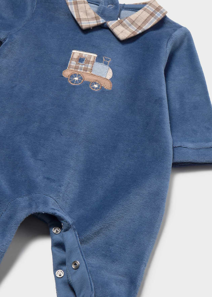 Mayoral Baby Boys Blue, Beige & Brown "Train" Velour Babygrow - 2766