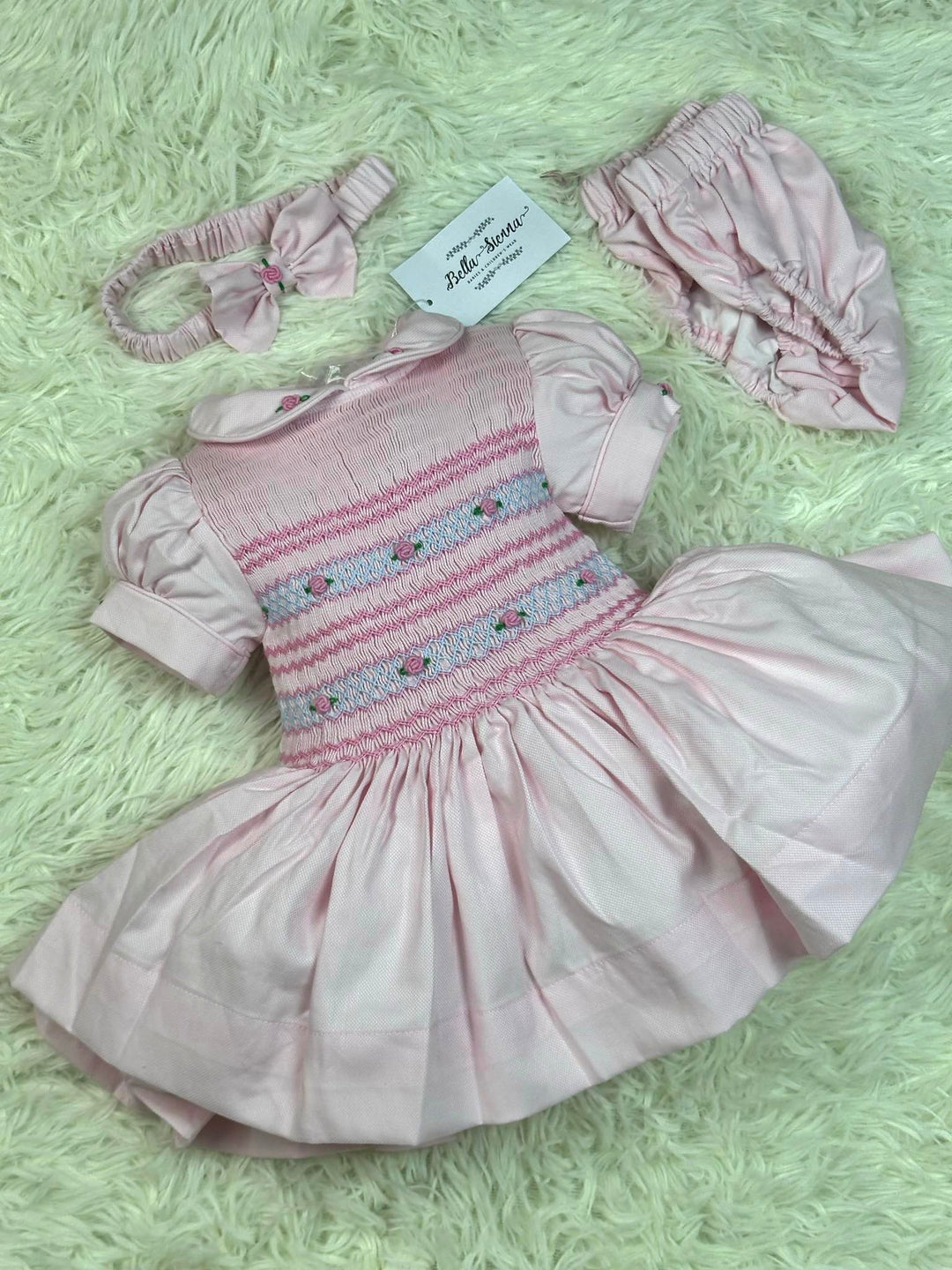 Luxury "Bella Sienna Exclusive" Pink Front & Back Smocked Dress With Built In Underskirt & Matching Hair Band Or Clip & Pants