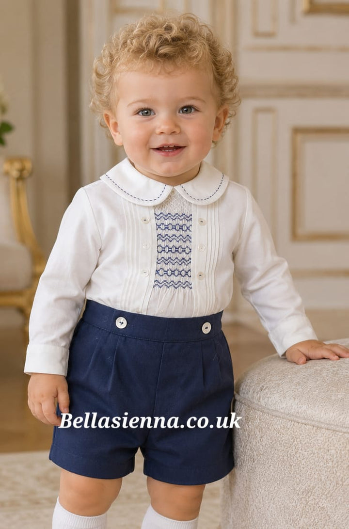Sarah Louise Boys White & Navy Hand Smocked Romper - 013990