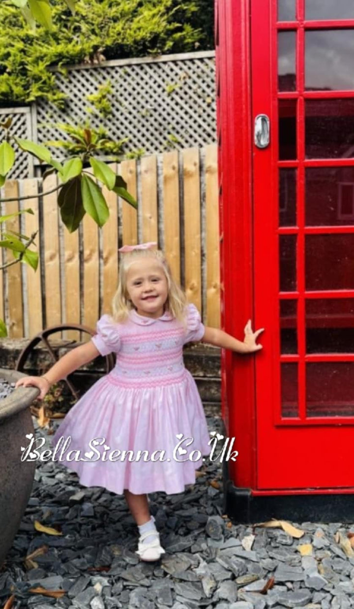 Luxury "Bella Sienna Exclusive" Pink Front & Back Smocked Dress With Built In Underskirt & Matching Hair Band Or Clip & Pants