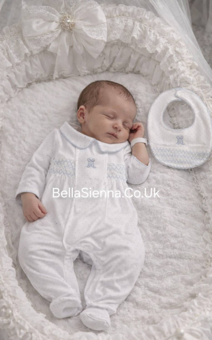 Deolinda "CONFETTI" Baby Boys Smocked Babygrow & Matching Bib With Embroidered Bunny Rabbit - DBV26102