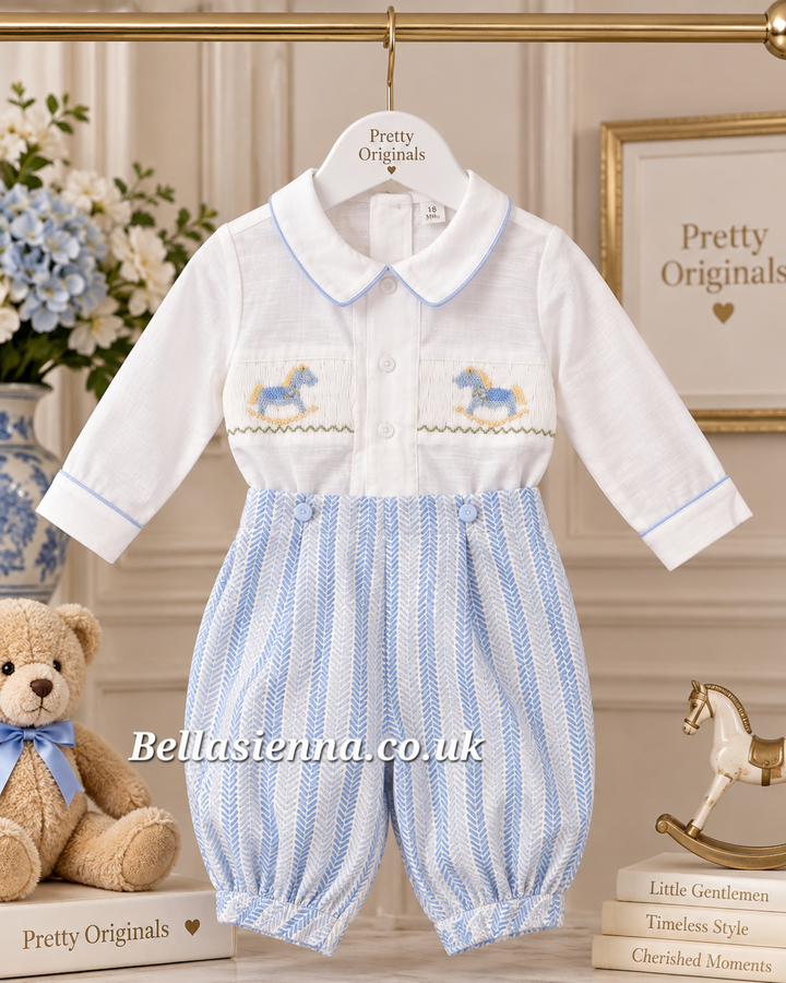 Pretty Originals Boys Pale Blue Herringbone Hand Smocked Two Piece Outfit With Embroidered Rocking Horses - DL08187
