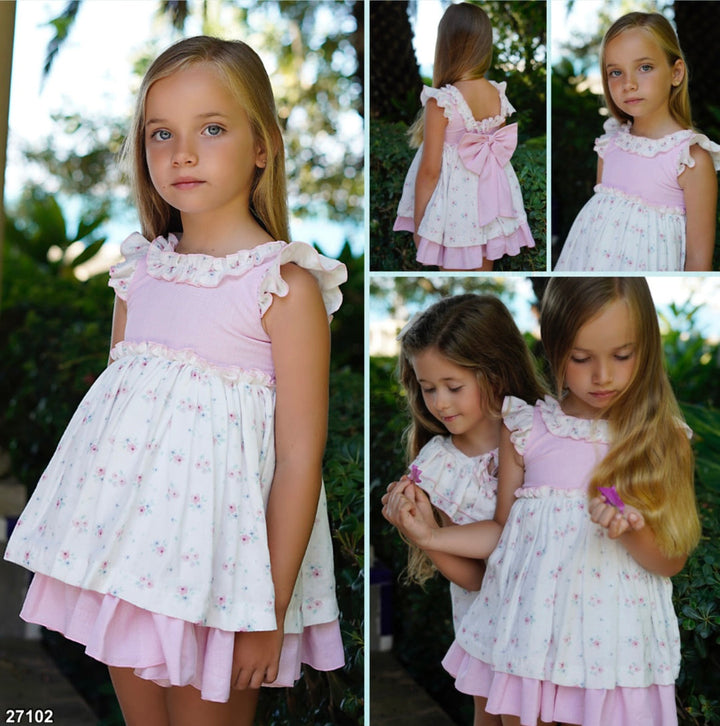 Dbb Collection Girls Pink & White Floral Dress With Big Bow - 27102