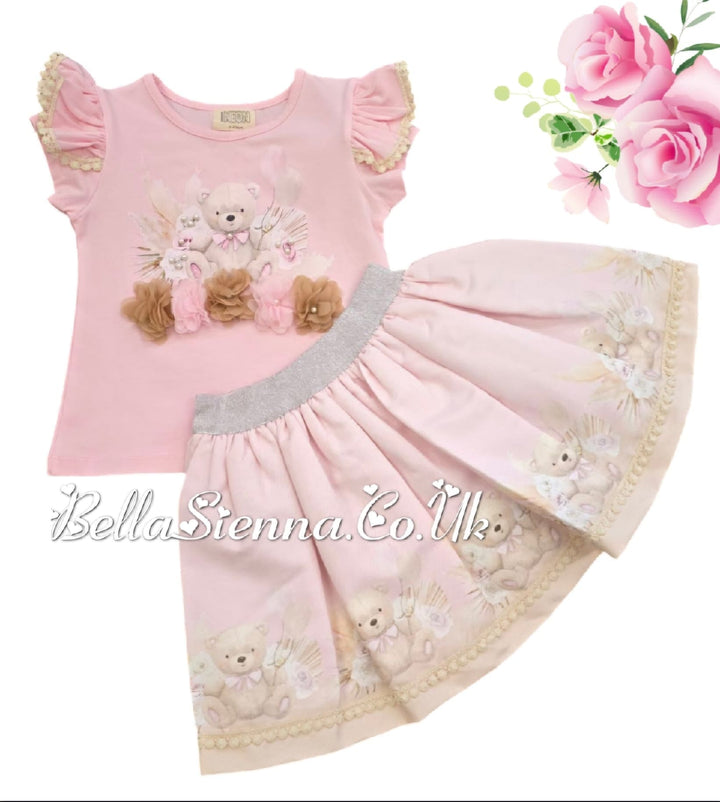 Pink Teddy Bear Pearl Deatil Skirt & Top Set - 3605