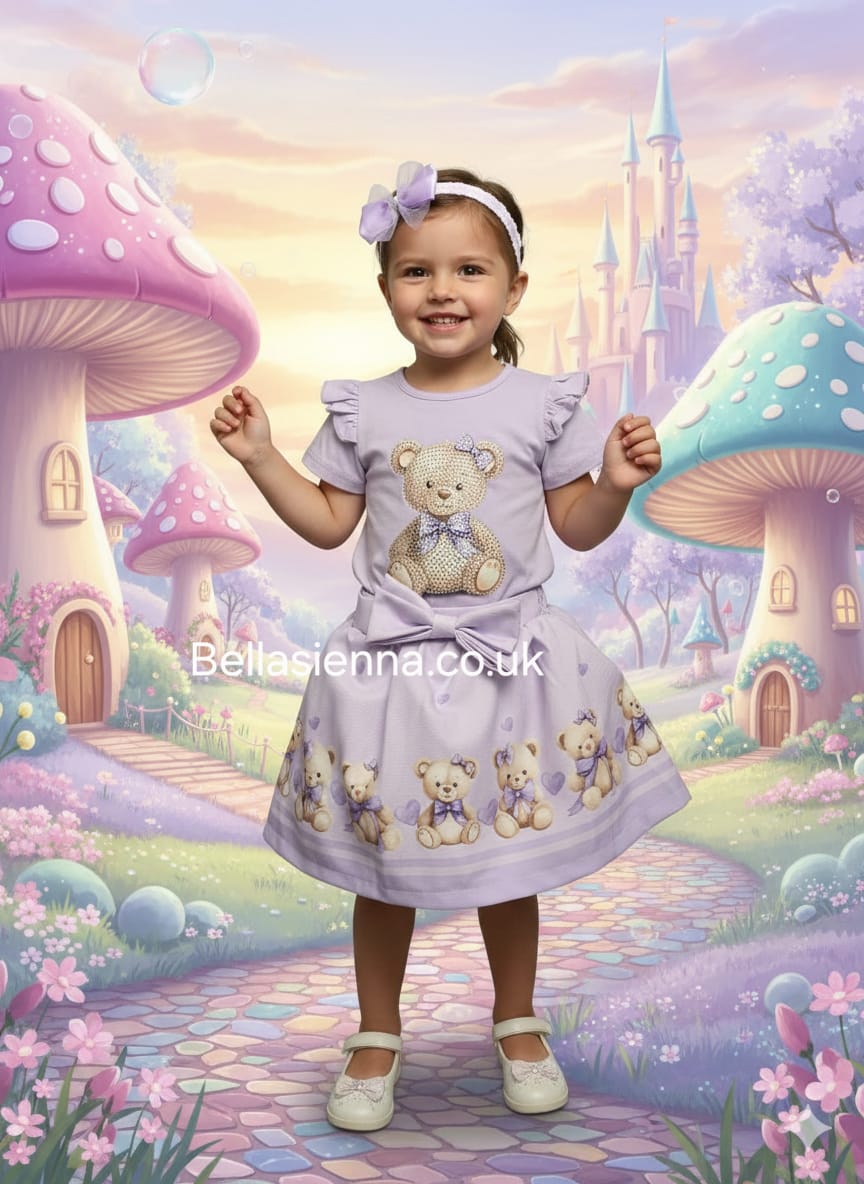 Diamond Stone Girls Lilac "Teddy Bear" Skirt Set With Matching Headband - YG-33