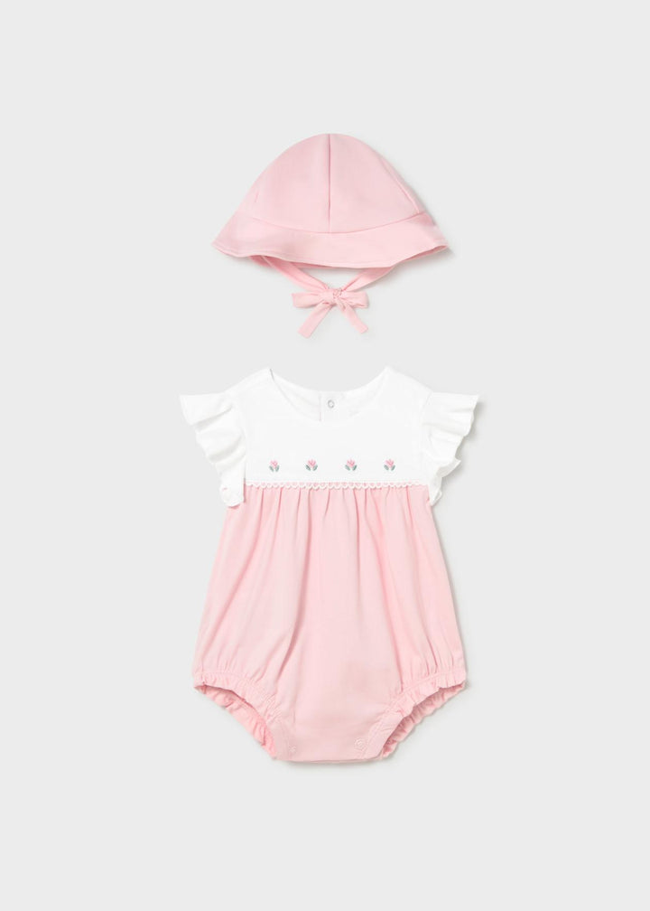 Mayoral Baby Girls Rose Pink Two Piece Romper & Sun Hat Set - 1602