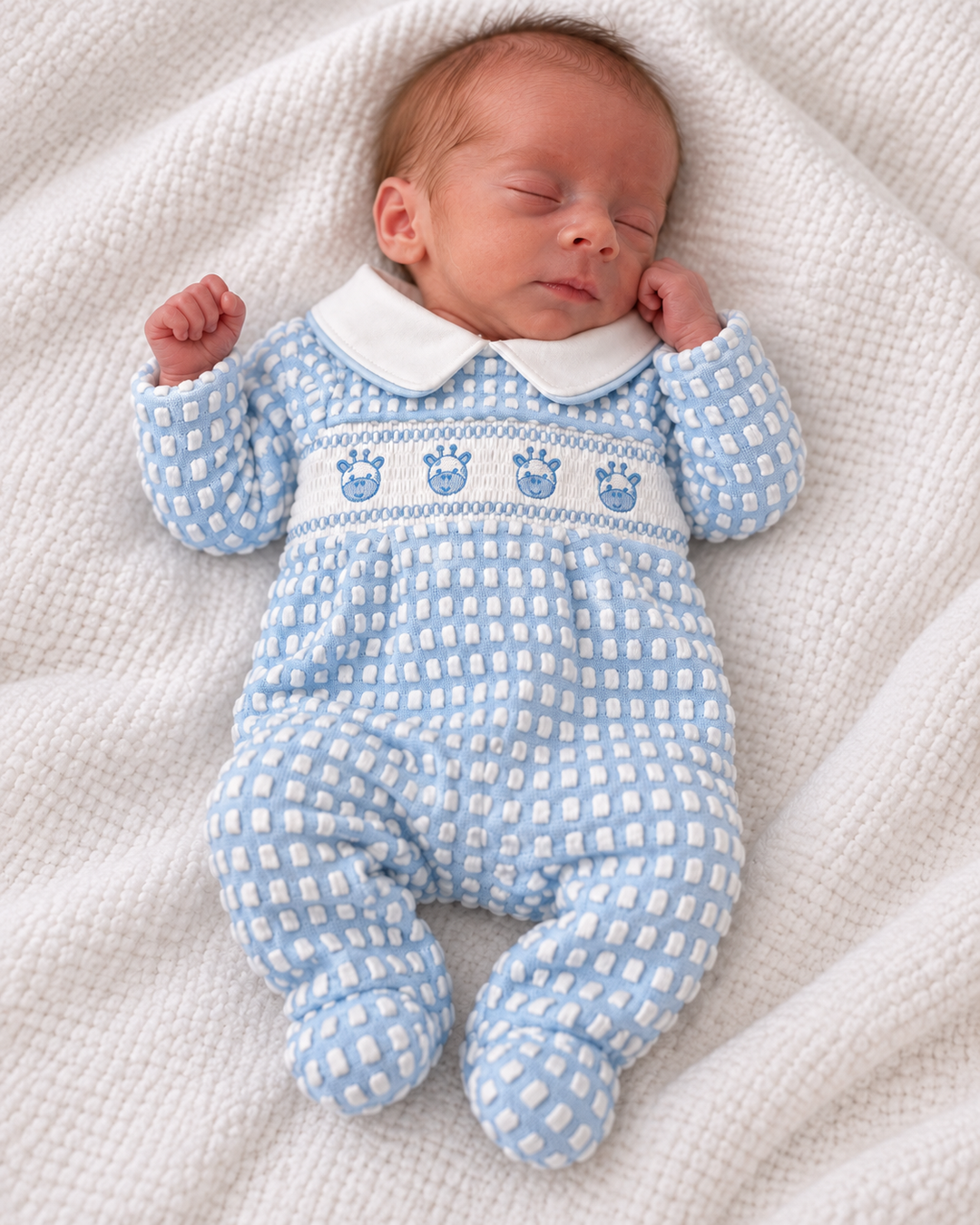Premature Baby Boys Blue & White Giraffe Smocked All In One Babygrow With Bows - PB-20-744