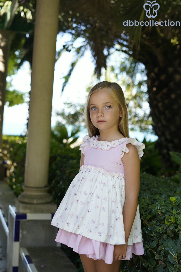 Dbb Collection Girls Pink & White Floral Dress With Big Bow - 27102