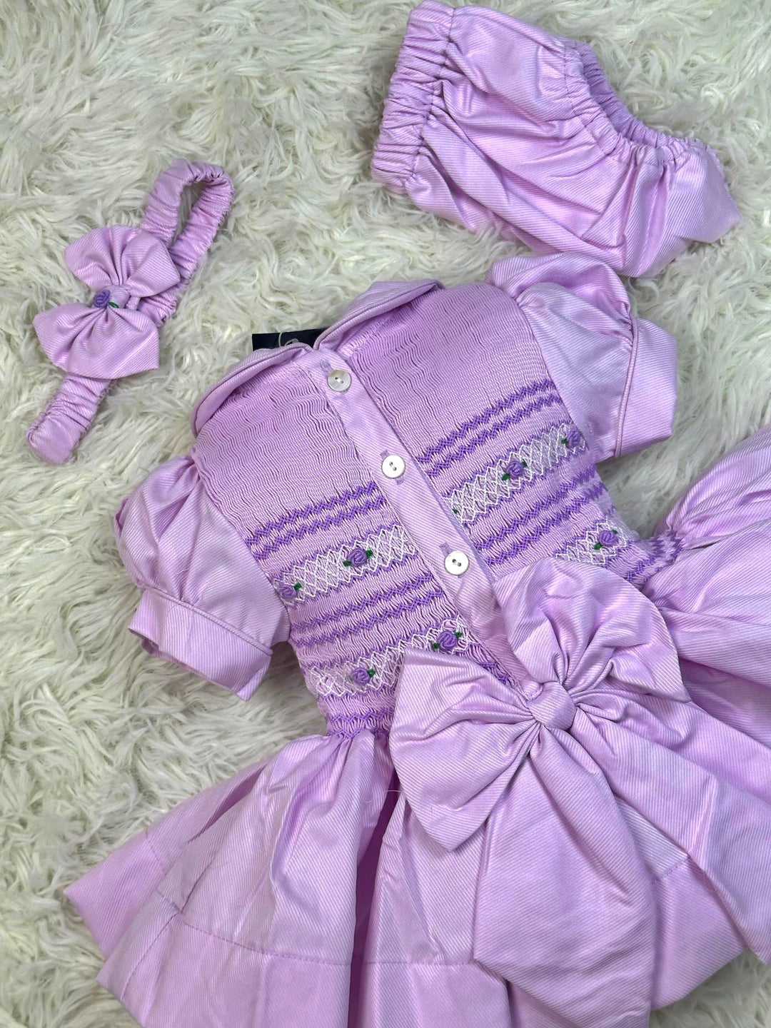 Luxury "Bella Sienna Exclusive" Lilac Front & Back Smocked Dress With Built In Underskirt & Matching Hair Band Or Clip & Pants