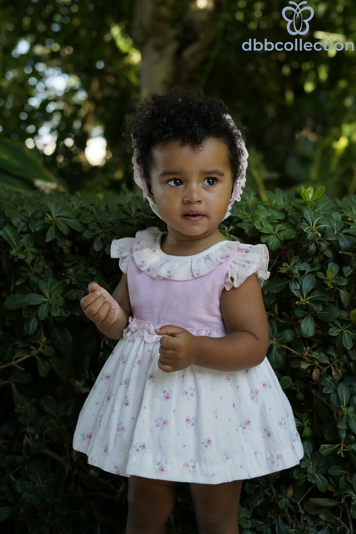 Dbb Collection Baby Girls Pink & White Floral Dress, Pants & Bonnet Set With Big Bow - 27101