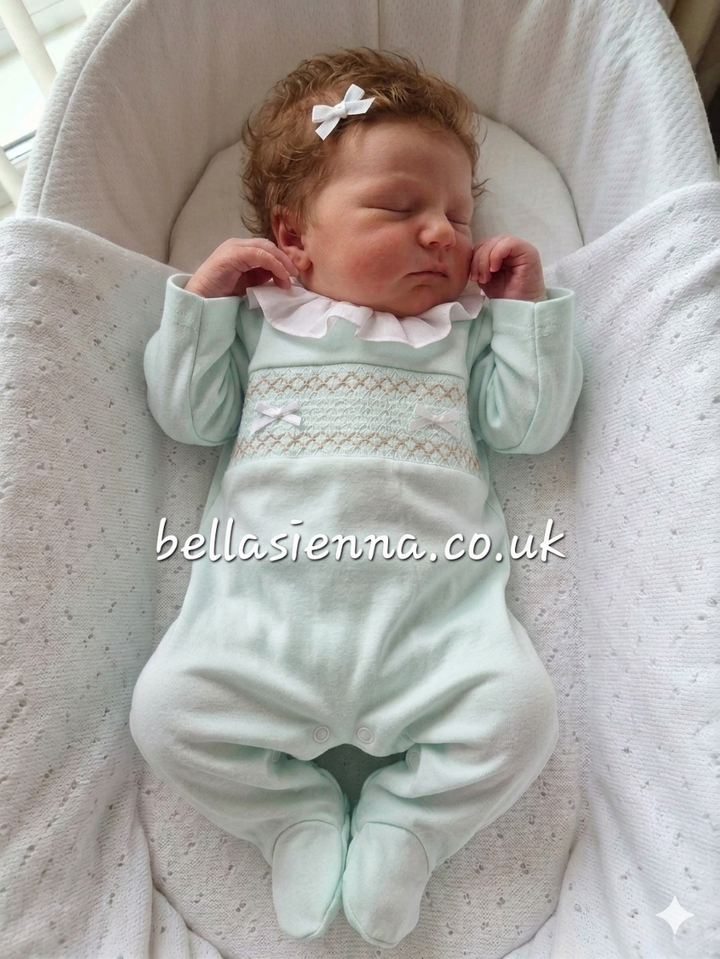 Baby Girls Mint Green & White Smocked All In One Babygrow With Bows - SG66