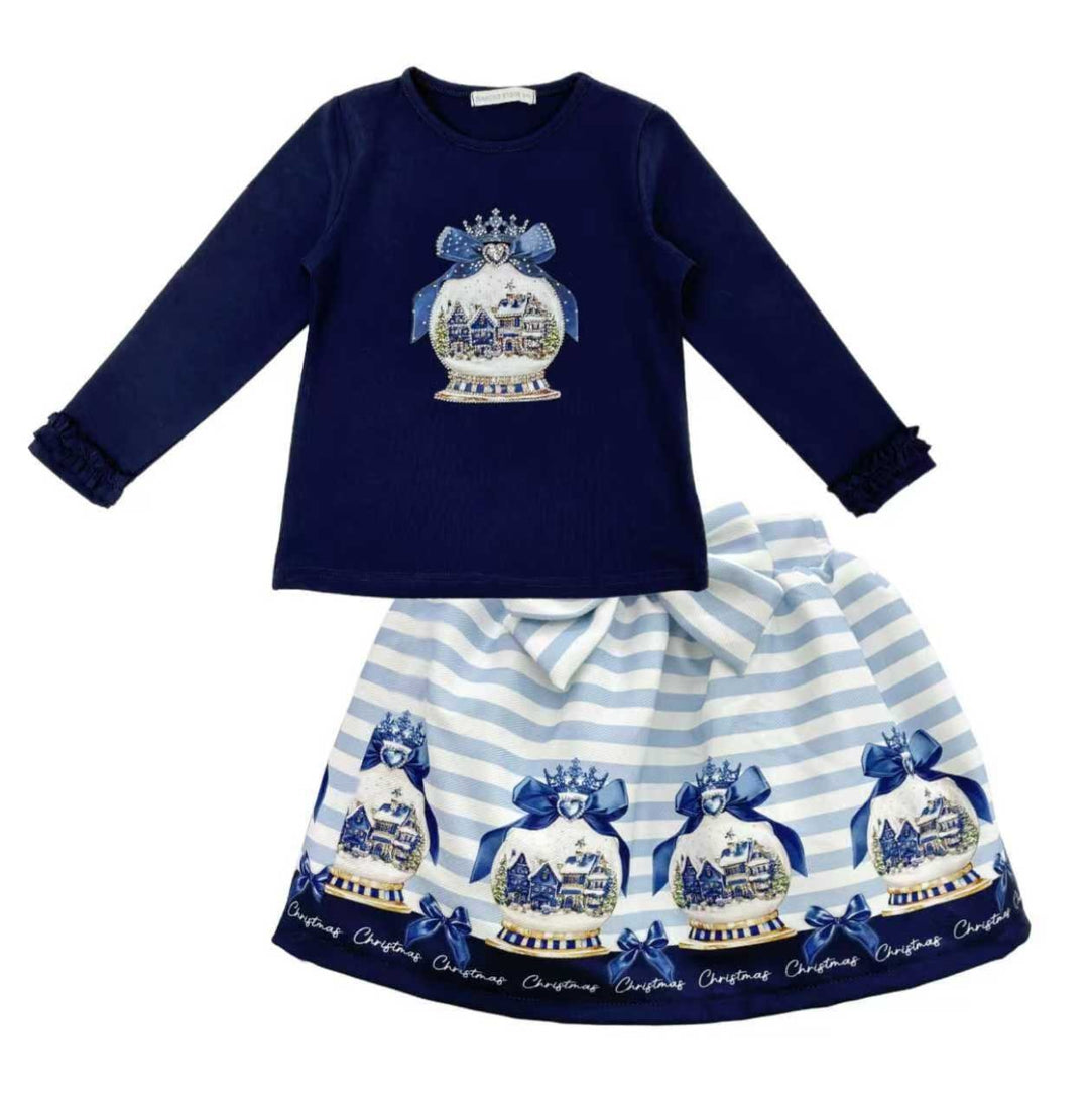 Navy Sparkle "Snow Globe" Christmas Theme Skirt & Top Set - YG-23