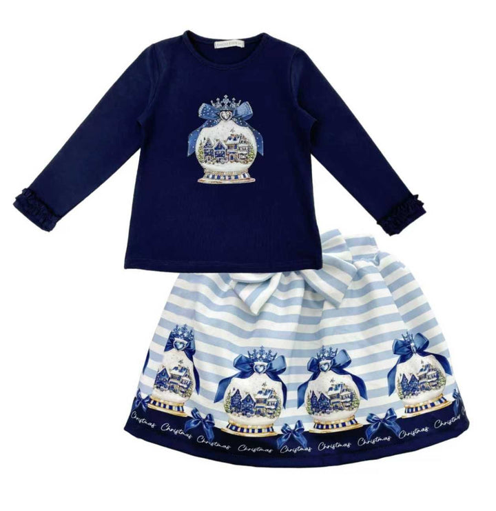 Navy Sparkle "Snow Globe" Christmas Theme Skirt & Top Set - YG-23