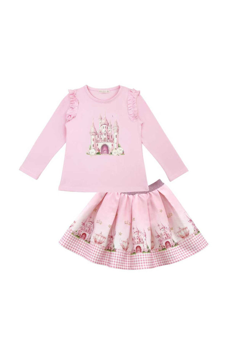 Giorgio Bambini Girls Pink "Princess Castle" Long Sleeved Top & Skirt Set - YG-19