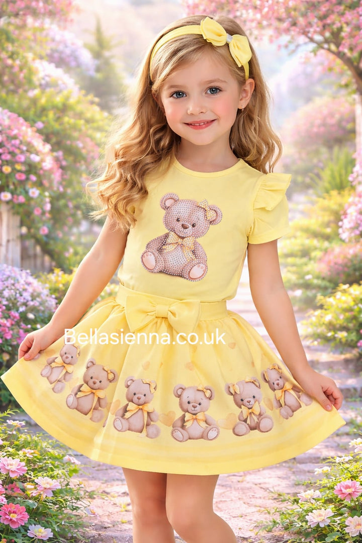 Diamond Stone Girls Yellow/Lemon "Teddy Bear" Skirt Set With Matching Headband - YG-33