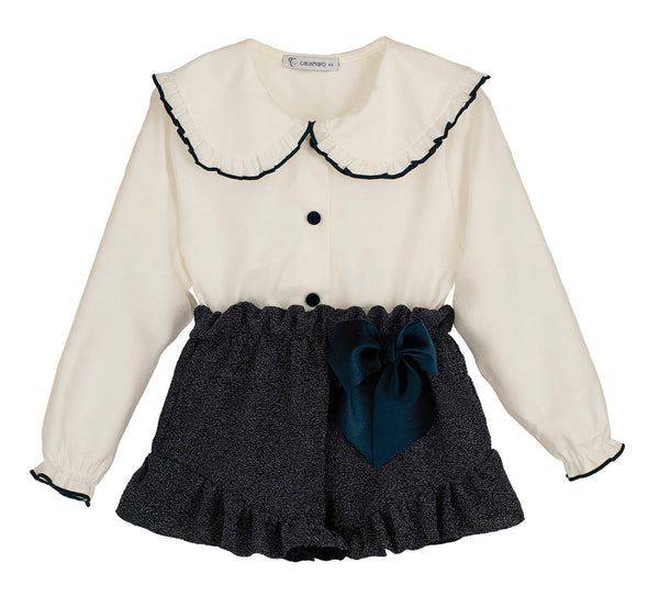 Calamaro Girls Blouse & Navy Sparkly Shorts With Velvet Bow - 11262