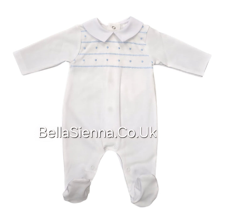 White & Blue Embroidered All In One Babygrow - SG204