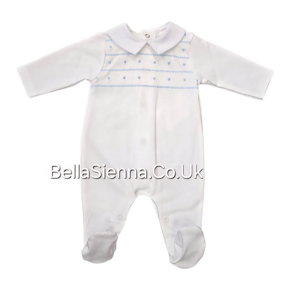 White & Blue Embroidered All In One Babygrow - SG204