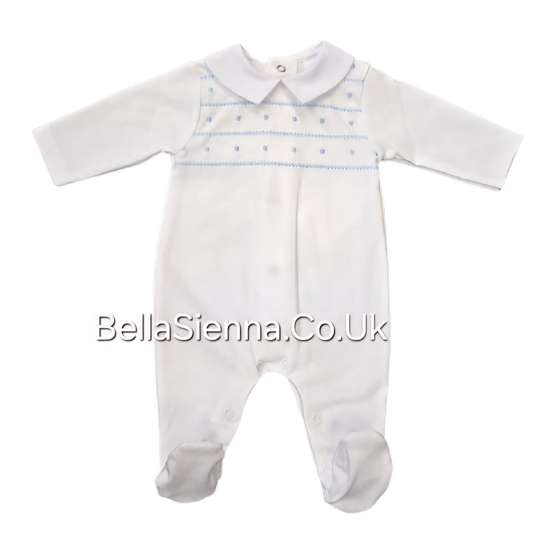 White & Blue Embroidered All In One Babygrow - SG204