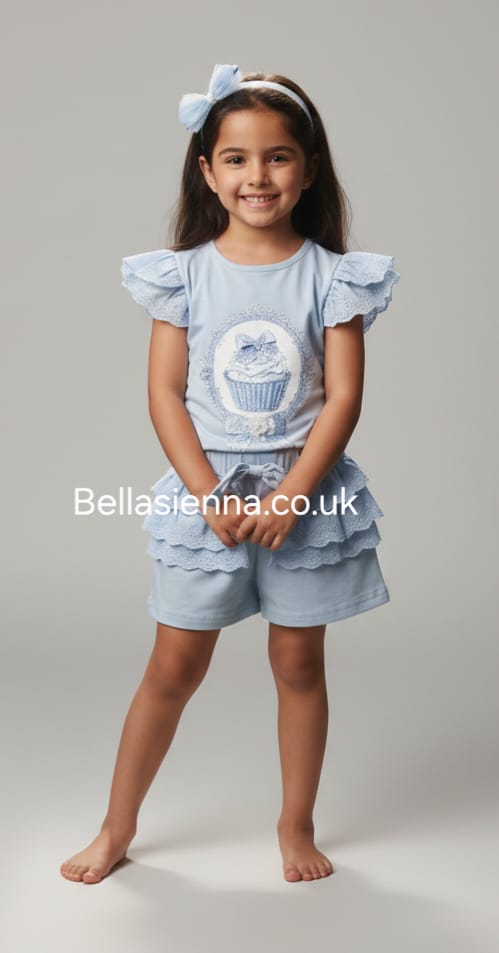 Diamond Stone Girls Blue "Cupcake" Shorts Set With Matching Headband YG-39