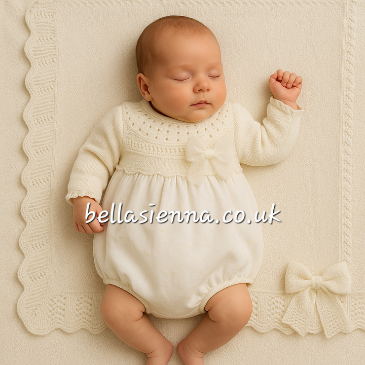 Mac Ilusion Cream Embroidered Romper With Tulle & Bow - 8554 - Matching Blanket Available