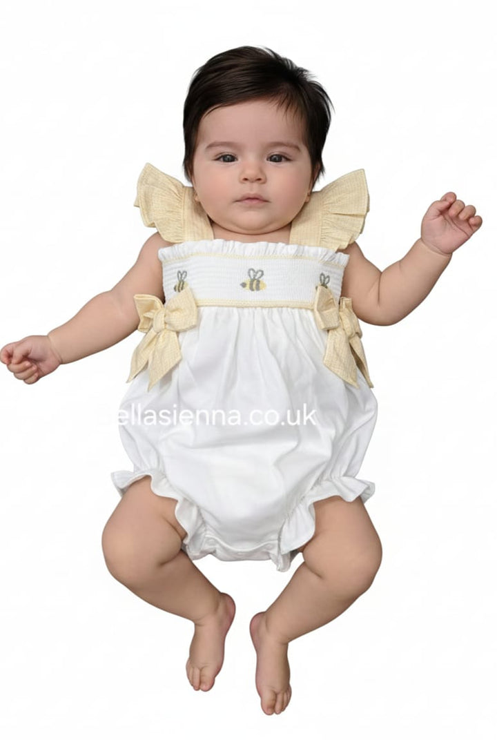 Deolinda Baby Girls White & Lemon "Bee" Romper With Bows - DBV26518