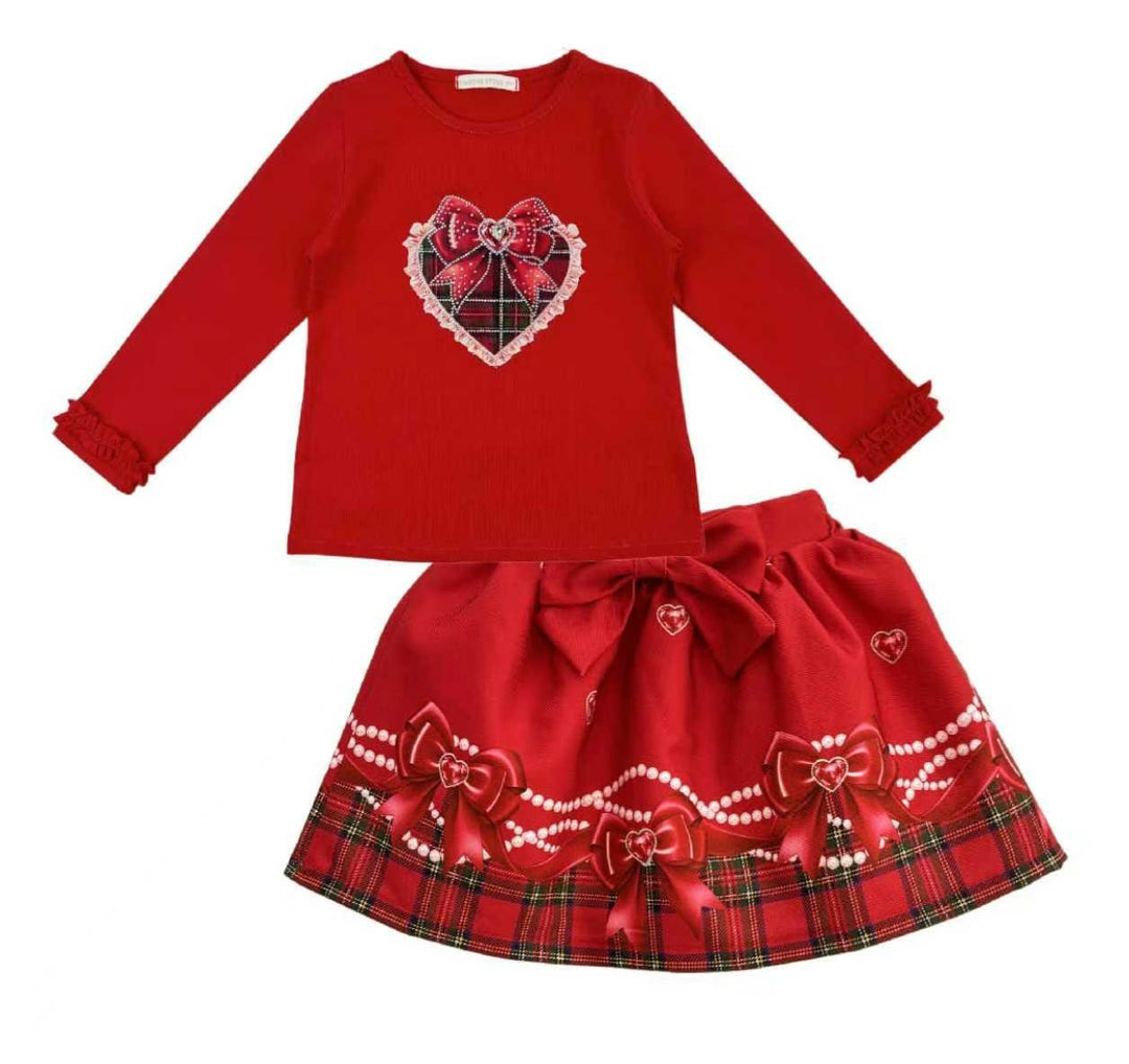 Red Sparkle "Tartan Heart" Skirt & Top Set - YG-21