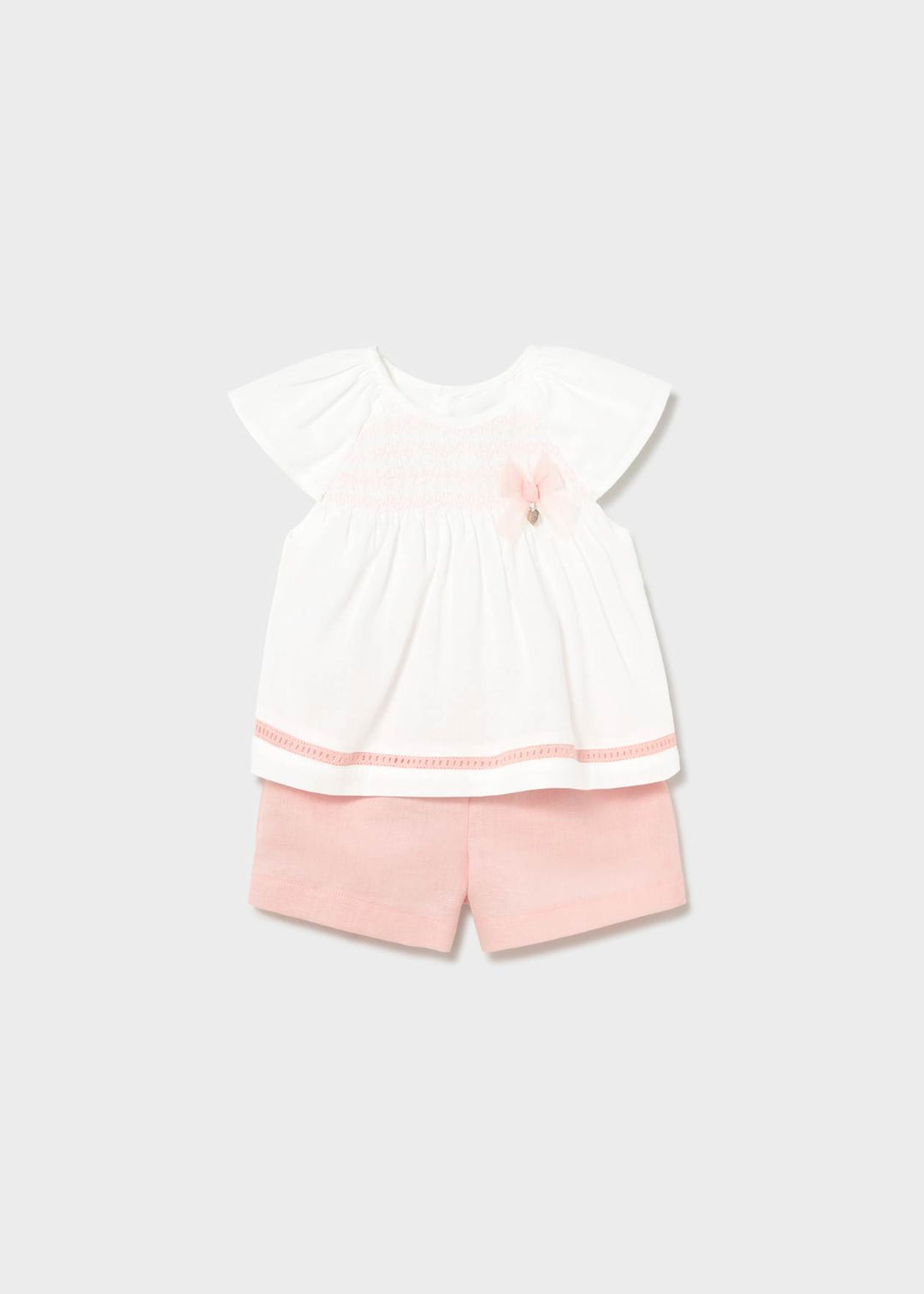Mayoral Girls Elegant Smocked Shorts Set With Bow - 1212 - 74 - Blossom Pink