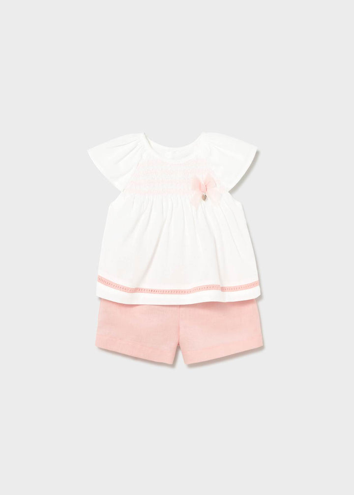Mayoral Girls Elegant Smocked Shorts Set With Bow - 1212 - 74 - Blossom Pink