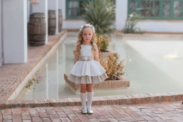 Miranda Girls White & Beige Dress With Big Bow On The Back - 233 V