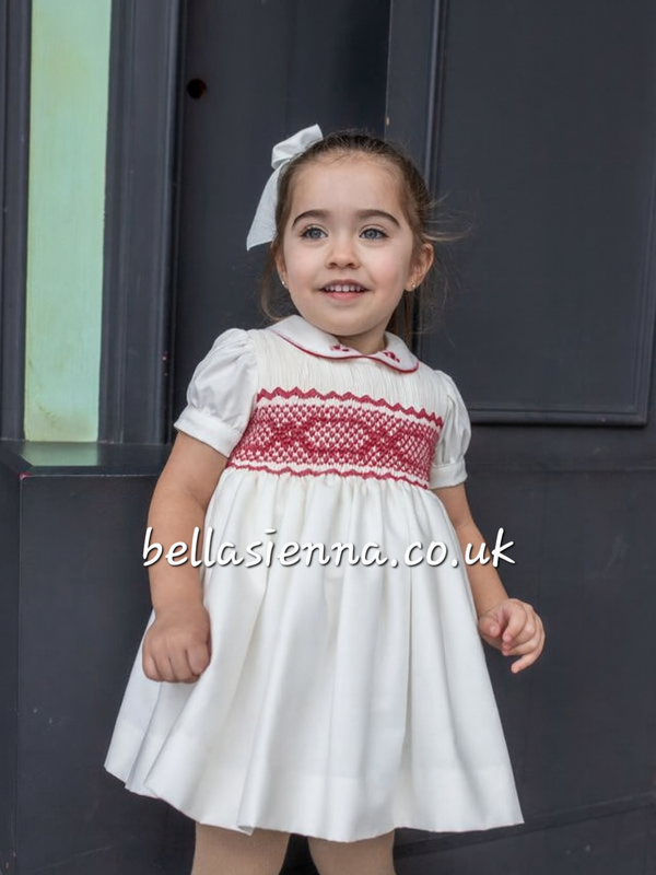 Naxos Ivory & Red Hand Smocked Dress With Bow On The Back - 7622