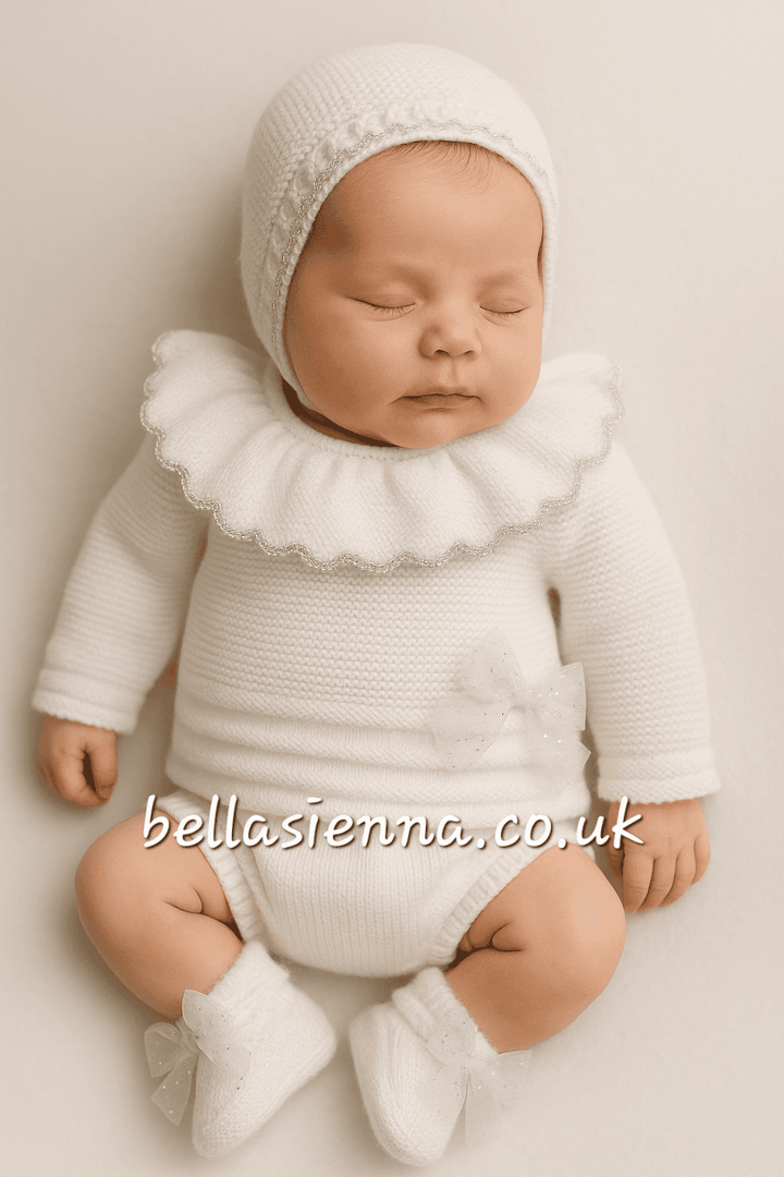 Pretty White & Silver Mac ilusion Four Piece Knitted Set With Tulle Bow & Fur - 9833