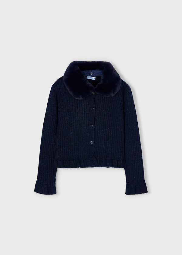Mayoral Girls Navy Cardigan with Fur Collar - Navy - 4311