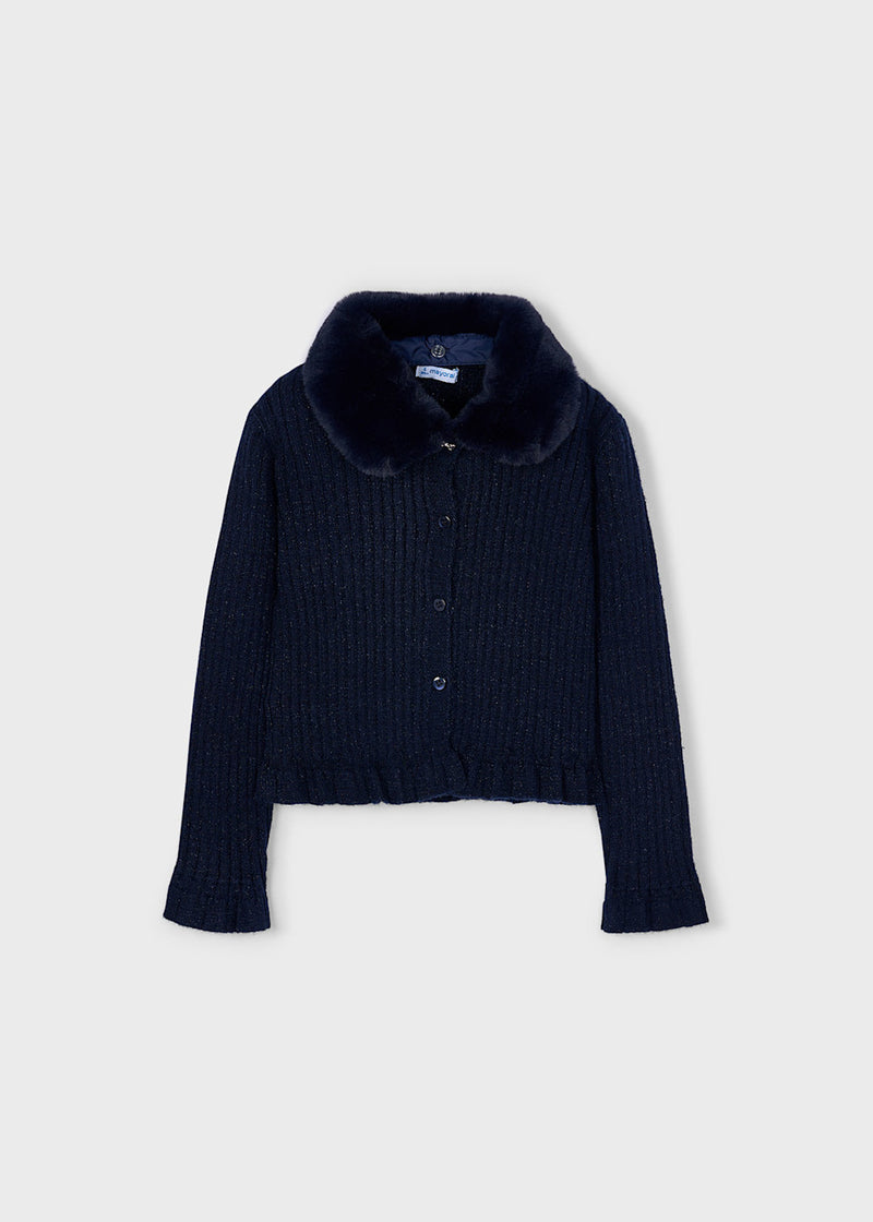 Mayoral Girls Navy Cardigan with Fur Collar - Navy - 4311