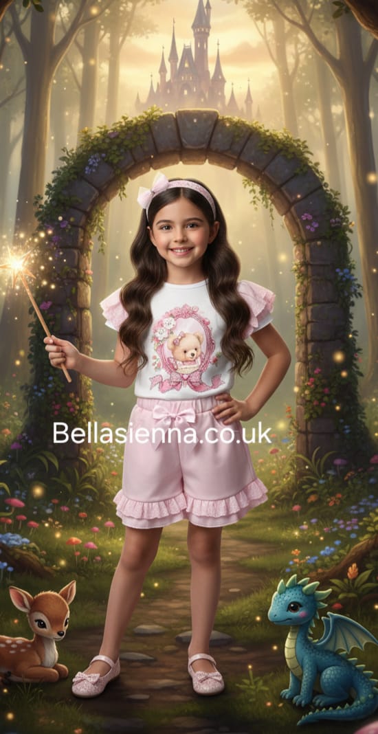 Diamond Stone Girls Pink & White "Teddy In The Mirror" Shorts Set With Matching Headband - YG-37