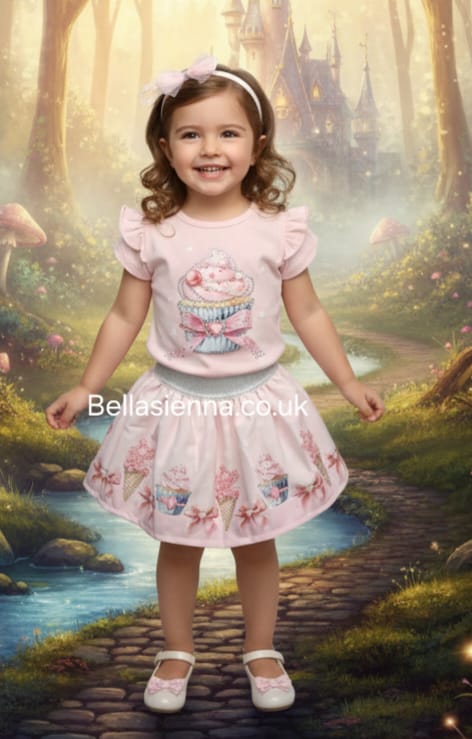 Diamond Stone Girls Pink "Cupcake" Skirt Set With Matching Headband - YG-36