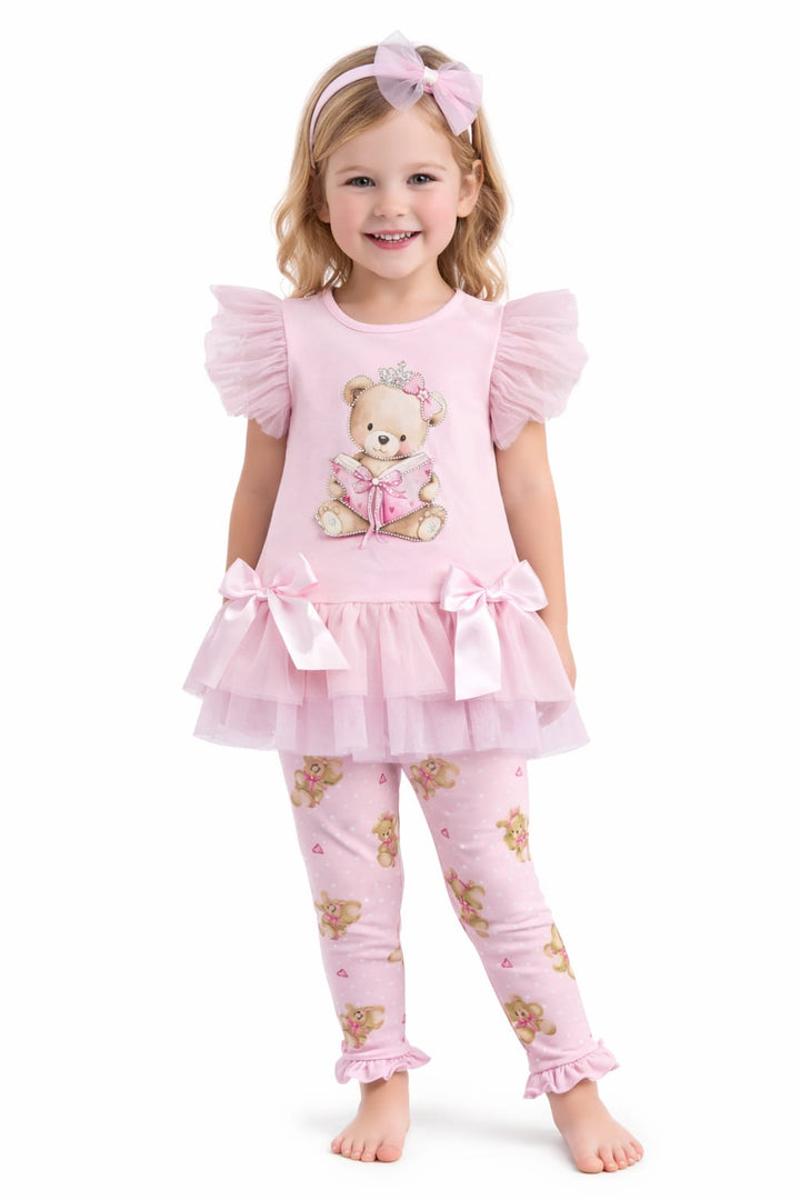 Diamond Stone Girls Pink"Teddy" Leggings Set With Matching Headband YG-44
