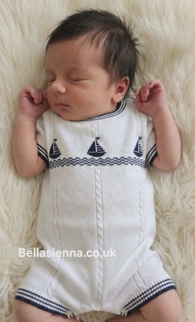 Sarah Louise Baby Boys White & Navy Fine Knit Sailor Boat Romper - 008229