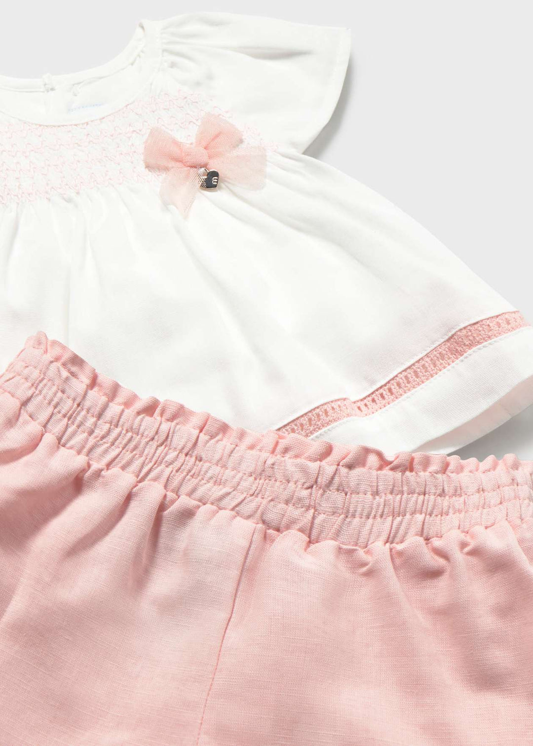 Mayoral Girls Elegant Smocked Shorts Set With Bow - 1212 - 74 - Blossom Pink