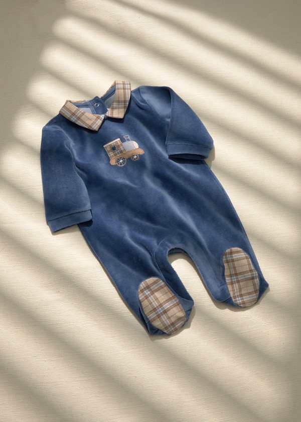 Mayoral Baby Boys Blue, Beige & Brown "Train" Velour Babygrow - 2766