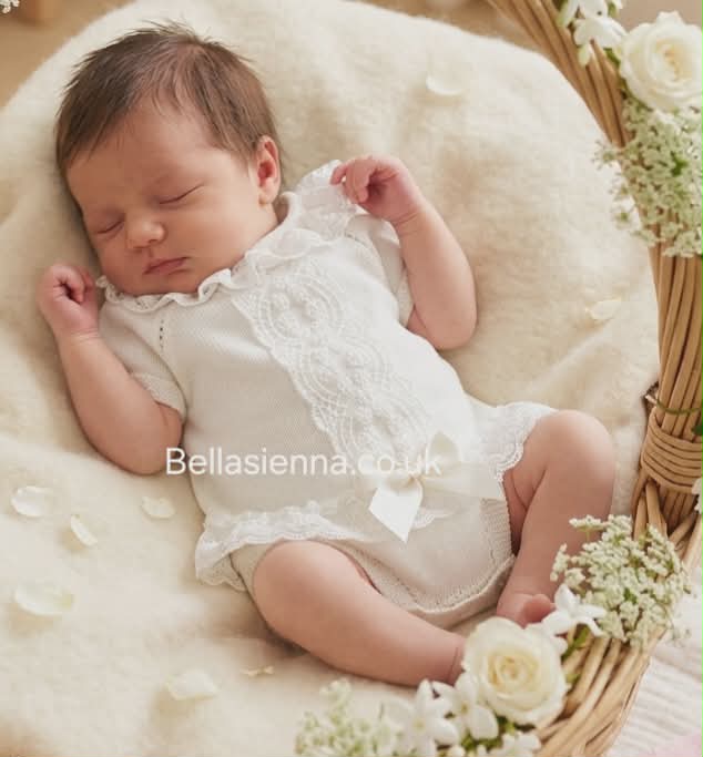 Ivory Knitted Jam Pants Set With Lace Trim - C8127