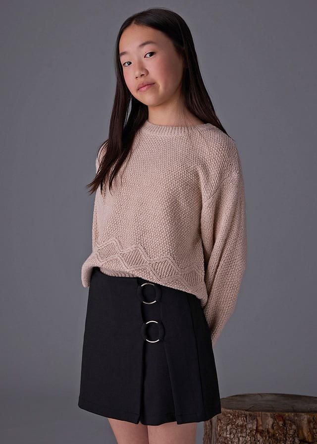 Mayoral Older Girls Black Skort & Long Sleeved Ivory & Black Top - 7017 & 7907