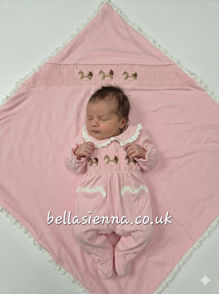 Bella Sienna Exclusive All In One Pink Smocked Babygrow With Embroidered Rocking Horses & Matching Blanket