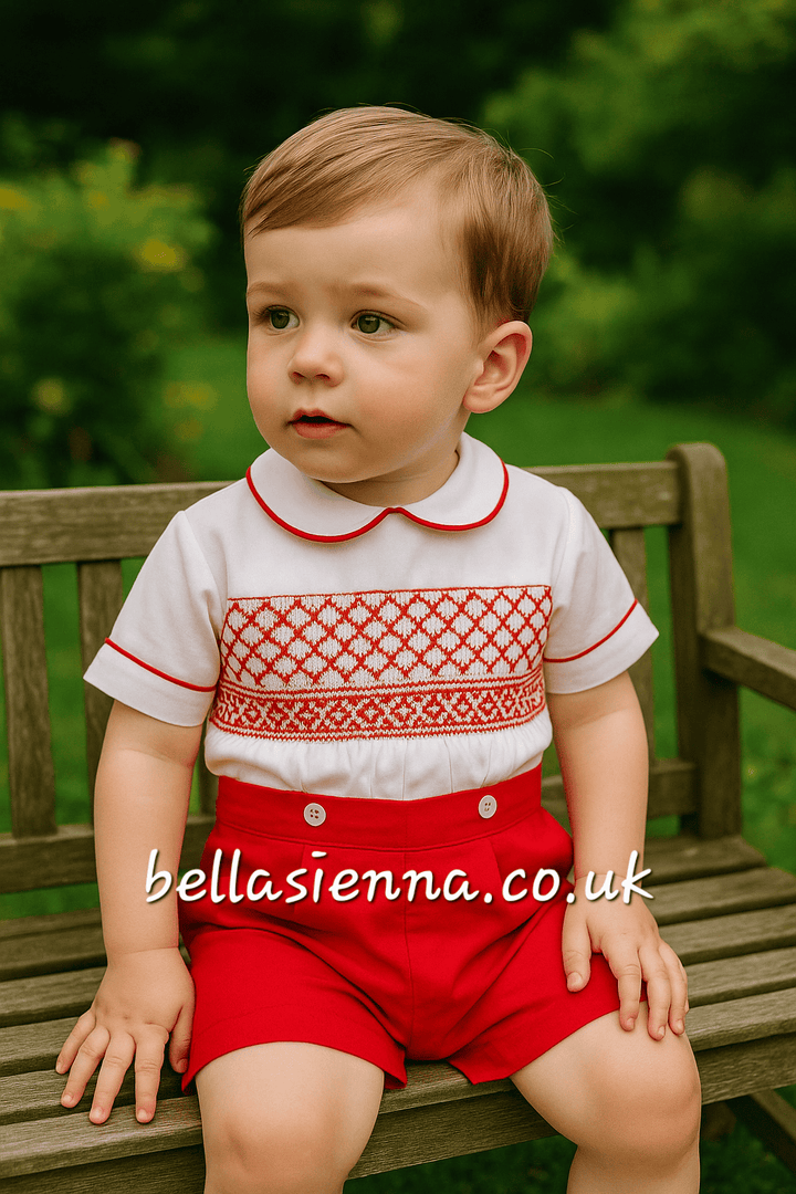 Luxury "Bella Sienna Exclusive" White & Red Smocked Boys Outfit