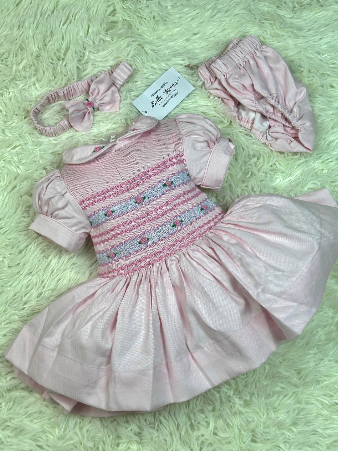Luxury "Bella Sienna Exclusive" Pink Front & Back Smocked Dress With Built In Underskirt & Matching Hair Band Or Clip & Pants