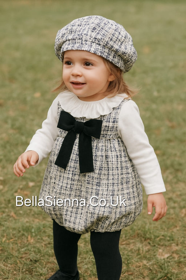 Calamaro Girls Black & White Tweed Romper & Frilly Collar Top Set - 32526