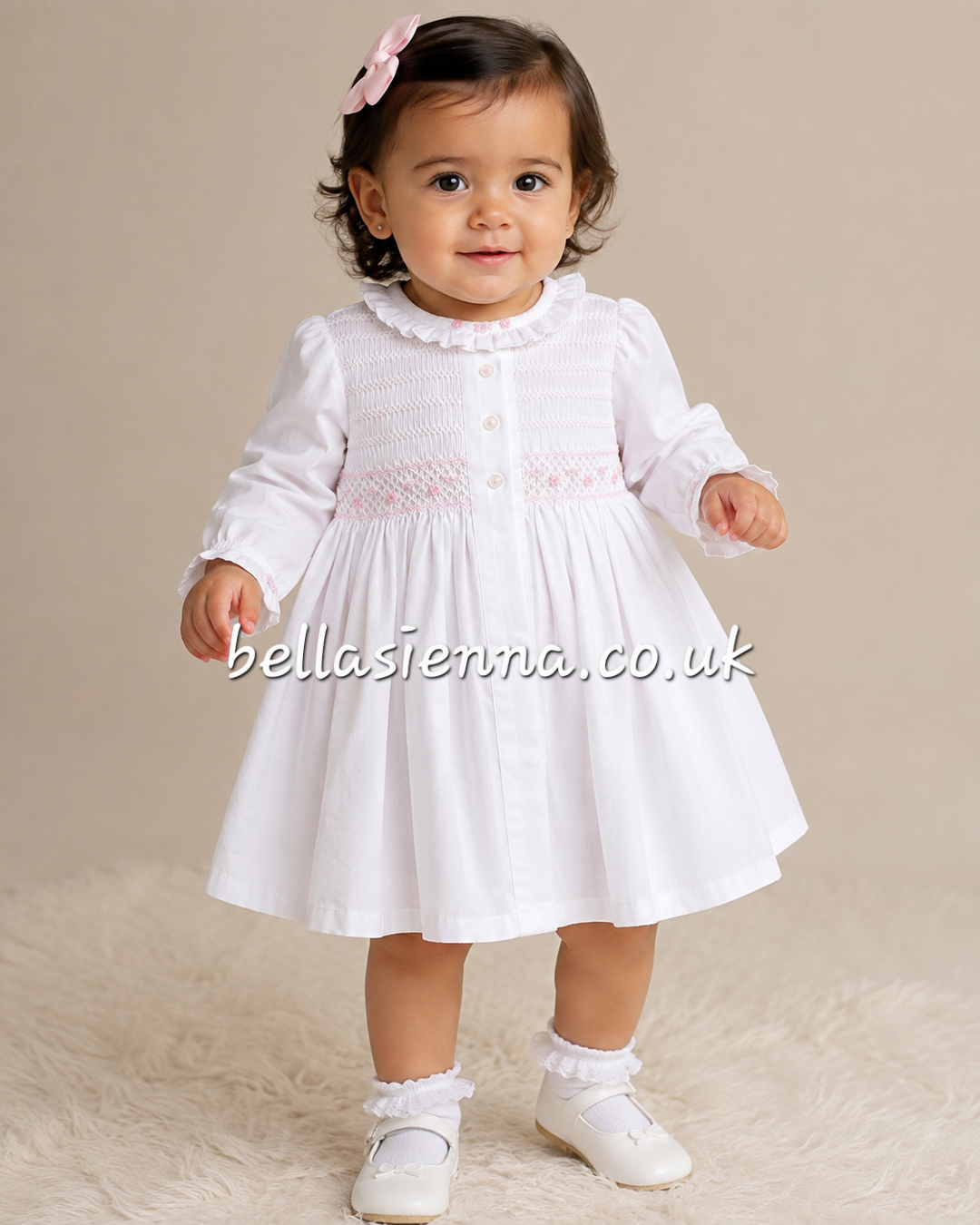Sarah Louise Girl Hand Smocked & Embroidered Ivory & Pink Dress - 013914
