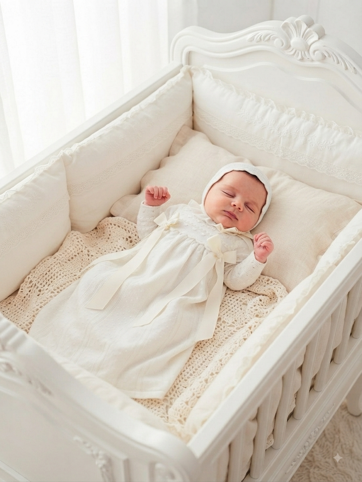 0350 - Baby Girls Ivory Ceremony Day Gown With Matching Bonnet - Crudo