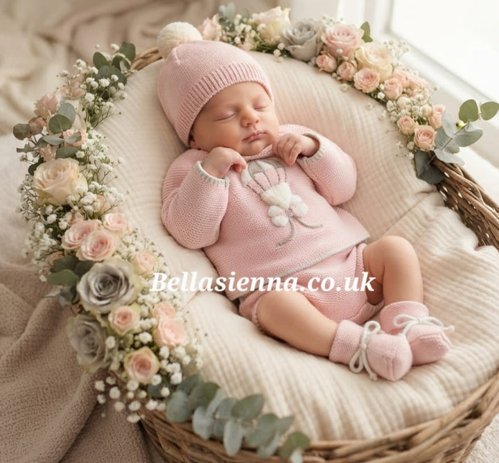 0229 - Baby Girls Vintage Pink Four Piece Knitted Set - "BEAR IN A PARACHUTE" - 92 - Vintage